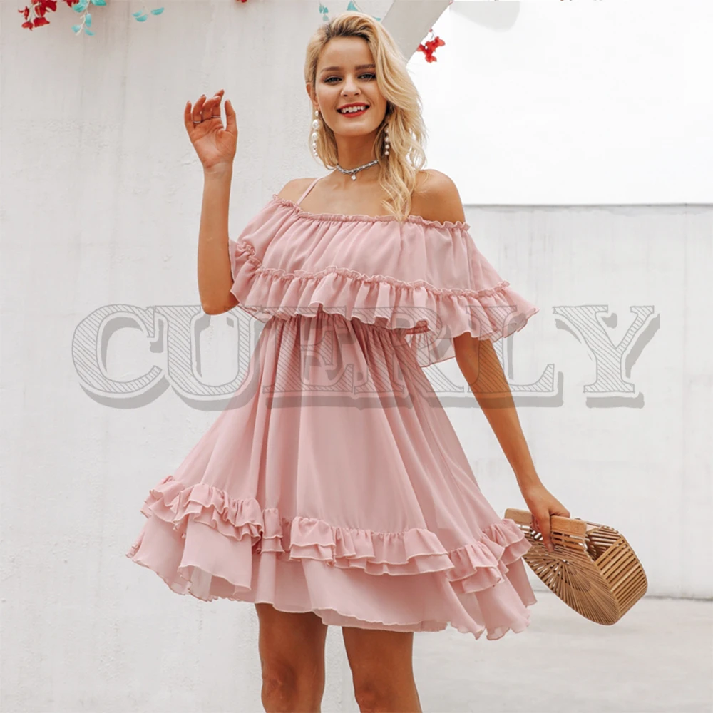 

CUERLY Elegant ruffle off shoulder women dress Spaghetti strap chiffon summer dresses Casual holiday female pink short sundress