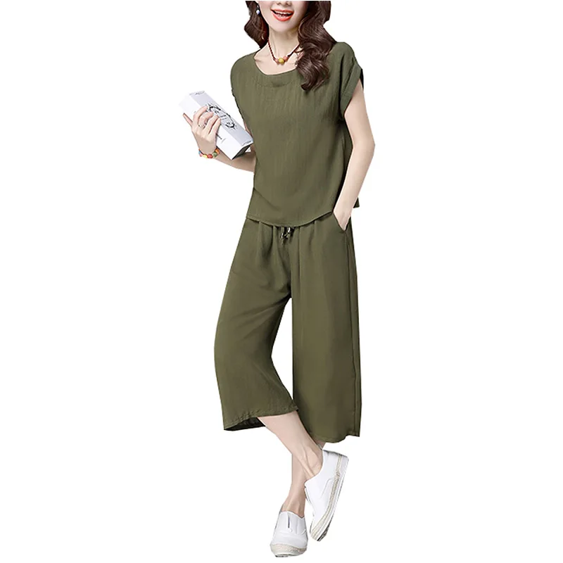 

Women's 2Pcs O Neck Short Sleeve Solid Color Top Cropped Casual Pants Suits