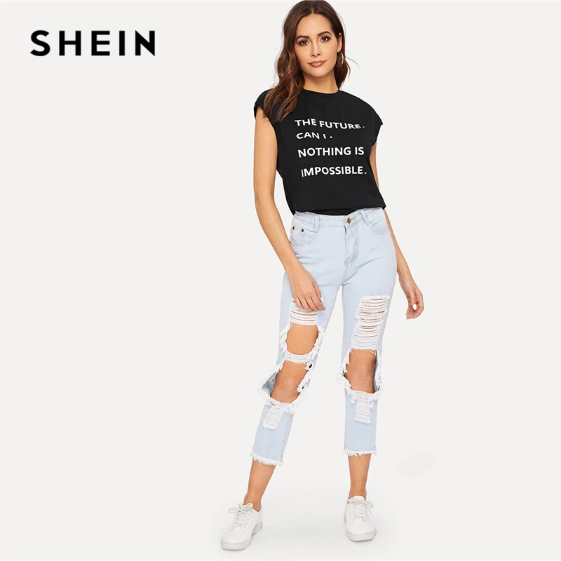 SHEIN Футболка С Текстовым Принтом Женский Летний Черный Повседневный Топ Без Рукавов