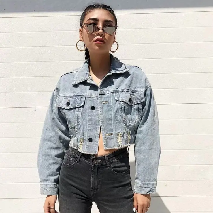 

HCBLESS 2018 autumn women's washed hole short paragraph denim jacket female loose jacket Chaqueta