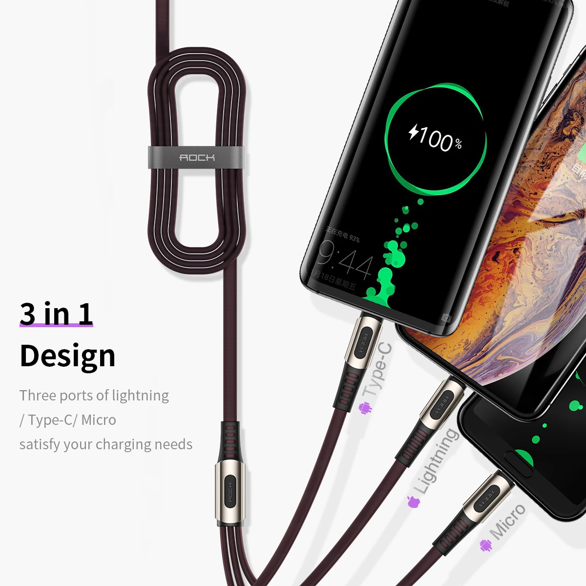 Зарядный кабель Rock 3 в 1 USB 120 А для подсветки Micro Type C iPhone 8 X Xiaomi Samsung S8 быстрая