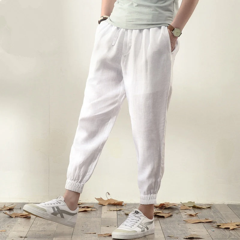 

Men Fashion Streetwear Summer Ankle-length Linen Pant Elastic Waist Loose Thin Slim Fit Trousers Pure Linen Pant Men Pencil Pant