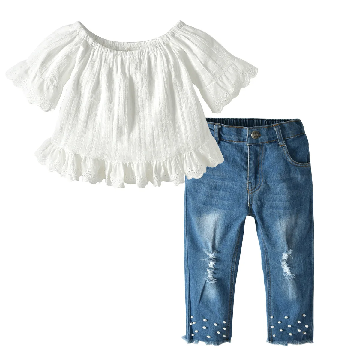 

Summer Girls Set White Lace Shirt + Jeans Children Pants Sets Kids Suit Fashion Girls Clothing