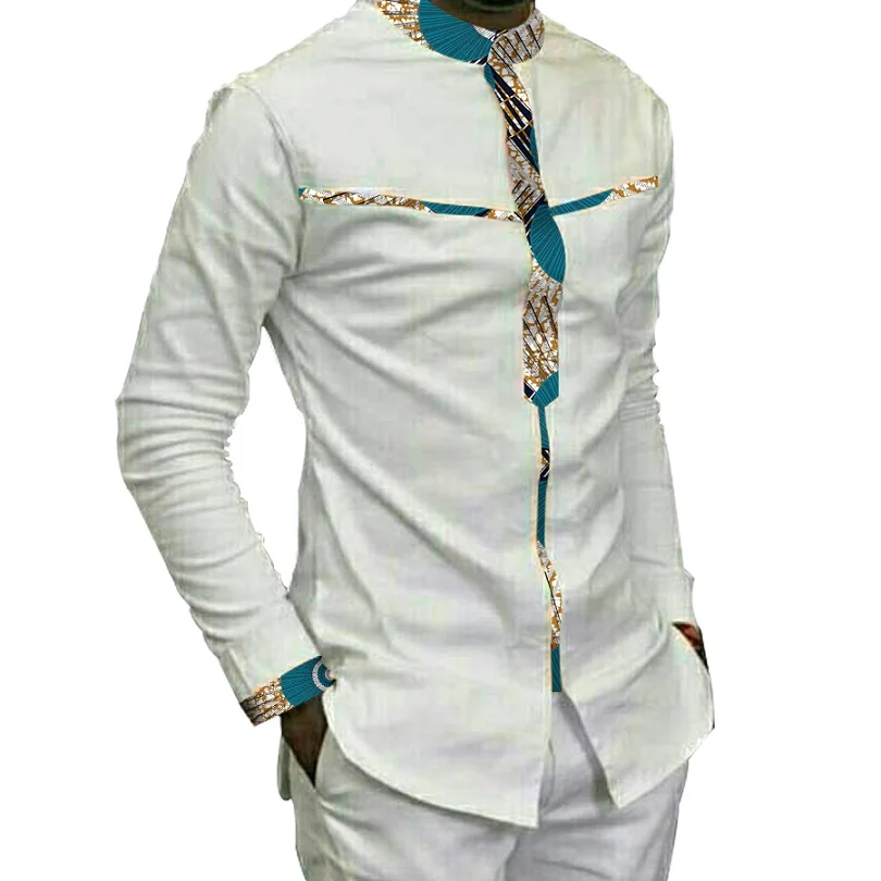 Модная мужская африканская праздничная одежда Анкара одежда Африканский принт Топы с длинным рукавом принт и белая хлопковая Лоскутная футболка - Цвет: 2
