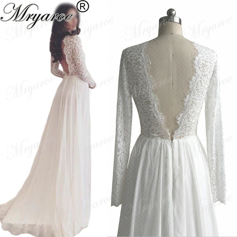 Mryarce Classic  Lace Long Sleeve Open Back Wedding  Dresses  