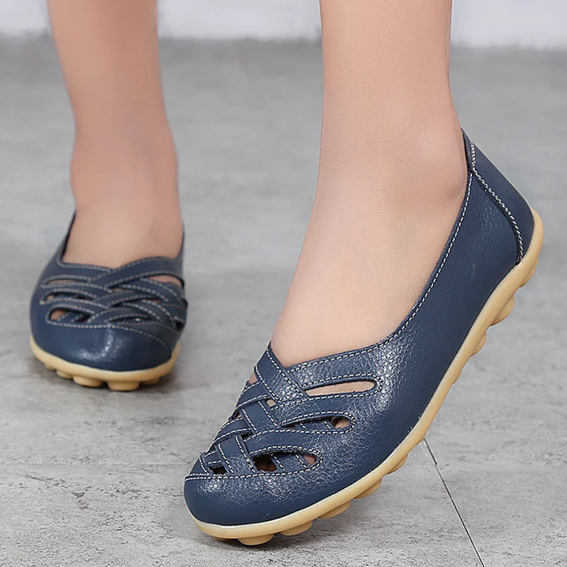 Summer Women Casual Flats Genuine Leather Slip On Loafers Work Shoes