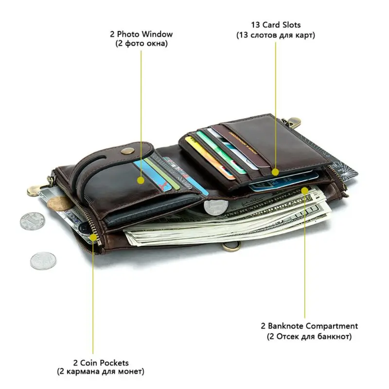 Двойной короткий кошелек из натуральной кожи RFID Блокировка портмоне ID кредитный держатель для карт с противоугонной цепочкой