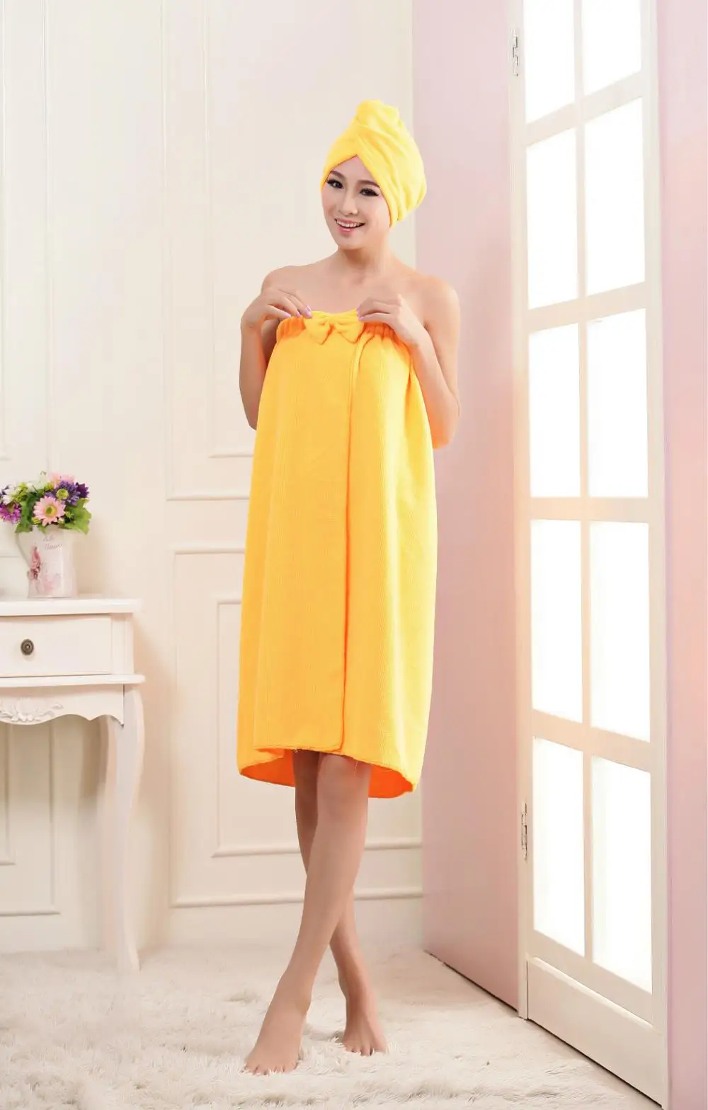 HazyBeauty Впитывающее быстросохнущее банное полотенце из микрофибры с сухой шапочкой для волос, пляжный халат для женщин и девочек, полотенце s 140*75 см - Цвет: Оранжевый