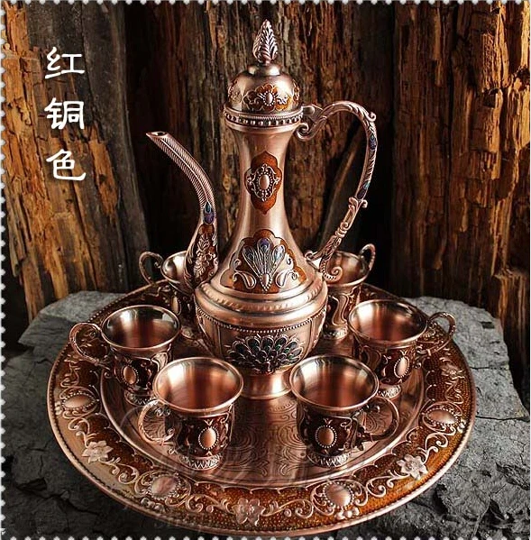 

Set of 8 Pieces Silvery Tableware Wine Pot Cup Tray Plate Set Collectible Decor Metal Carving Wine Accessories Bar 2178A