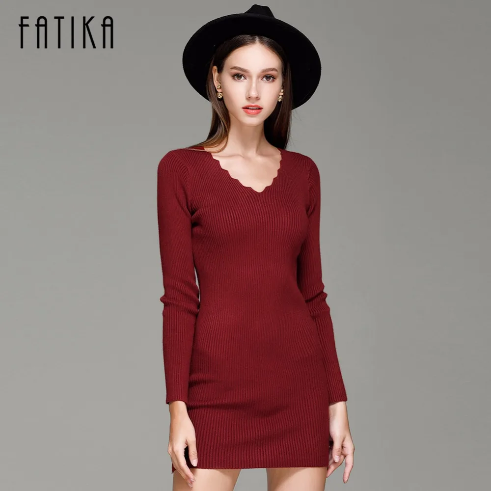 2016 Fashion Women s Dress Autumn Winter Long Sweater Dresses Black V Neck Long Sleeve Knitted