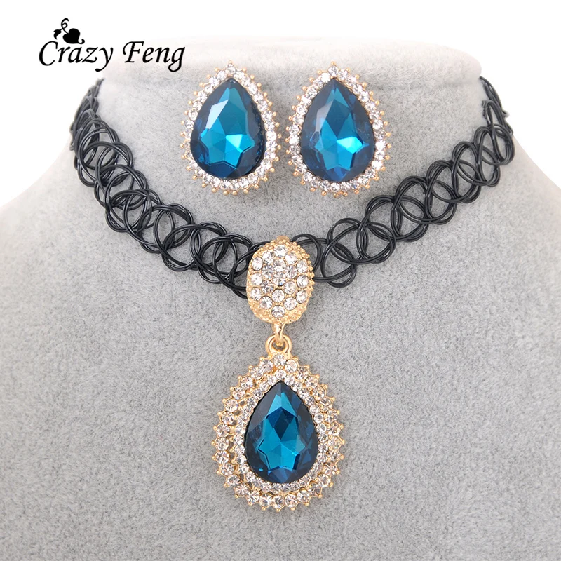 

Crazy Feng 2018 Women CZ Pendant Lace Chokers Necklace with Stud Earrings Jewelry Set accesories female jewellery