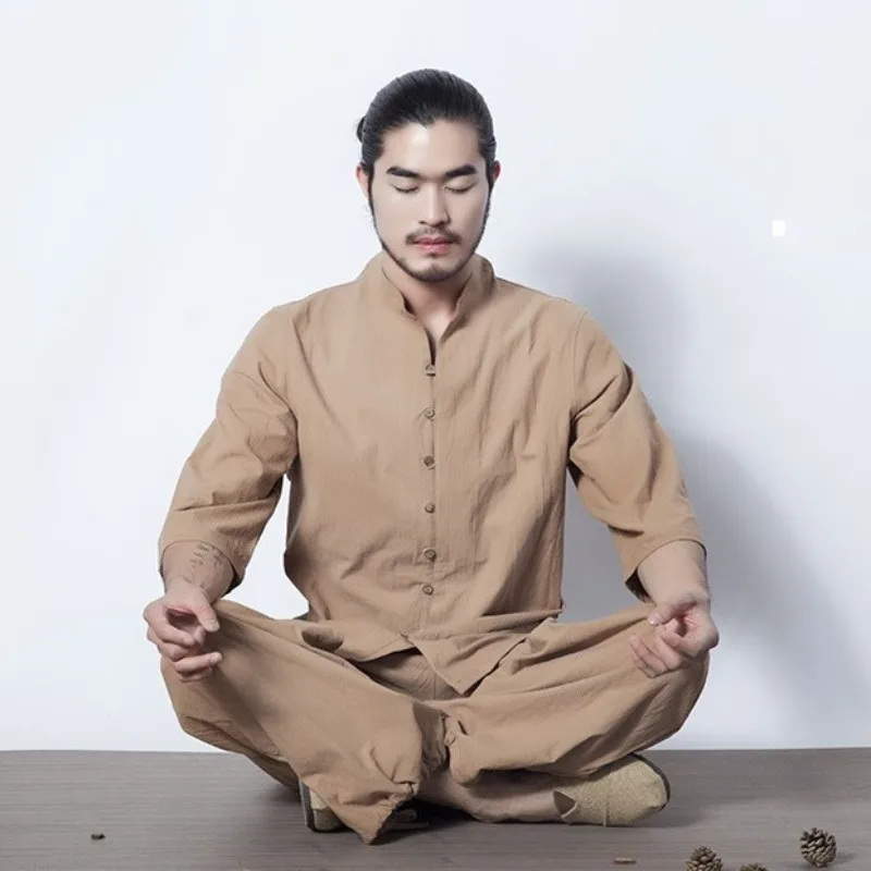 

Retro Chinese Style Mens Meditation Cotton Linen 2pcs Set Single Breasted Tai Chi Tracksuit Breathable Summer Outfits Suits 2XL