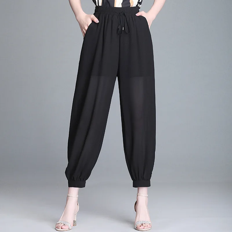 

Women Summer Loose Casual Black Chiffon Pants Female Fashion Knickerbockers Lady Streetwear Harem Trousers