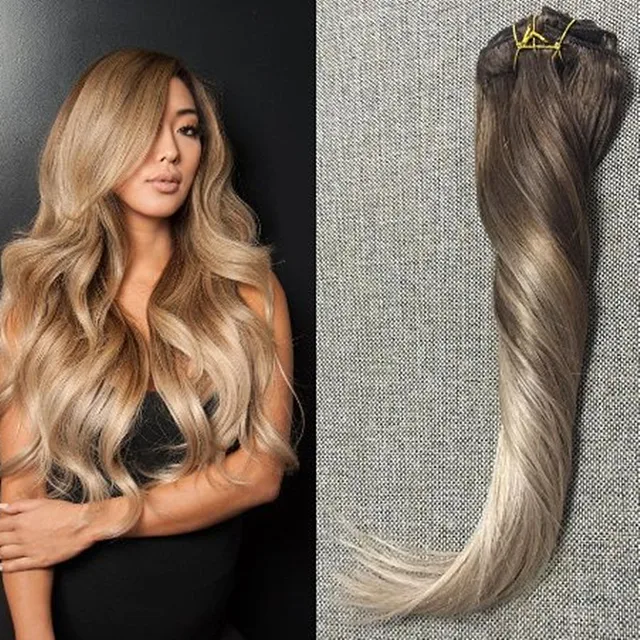 Full Shine Remy Clip in Hair Extensions Human Hair Ombre Balayage ...
