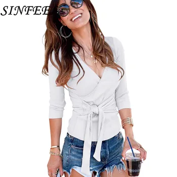 

SINFEEL New Women Bow Tie Sexy V neck Long sleeve Sweater Pullover Knitting Autumn Winter Female Knitted Tops Blouse Knitwear