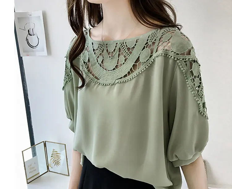 New Summer Tops Large Size Chiffon Blouses Women Korean-style Hollow Lace Patchwork Shirts Femme Casual Short Sleeve Blusas Mujer De Moda 2019 (7)