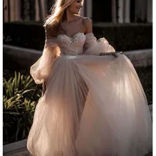 Светло-розовое свадебное платье принцессы Милая Аппликация пышные рукава Свадебное платье трапециевидной формы тюль без спинки свадебное платье в богемном стиле