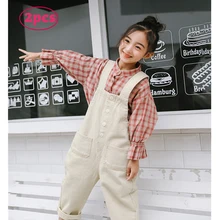 Комбинезон+ рубашка комплект из 2 предметов, Свободный Повседневный однотонный комбинезон для девочек, модная рубашка в клетку Новинка года, весенняя одежда для девочек, комбинезоны