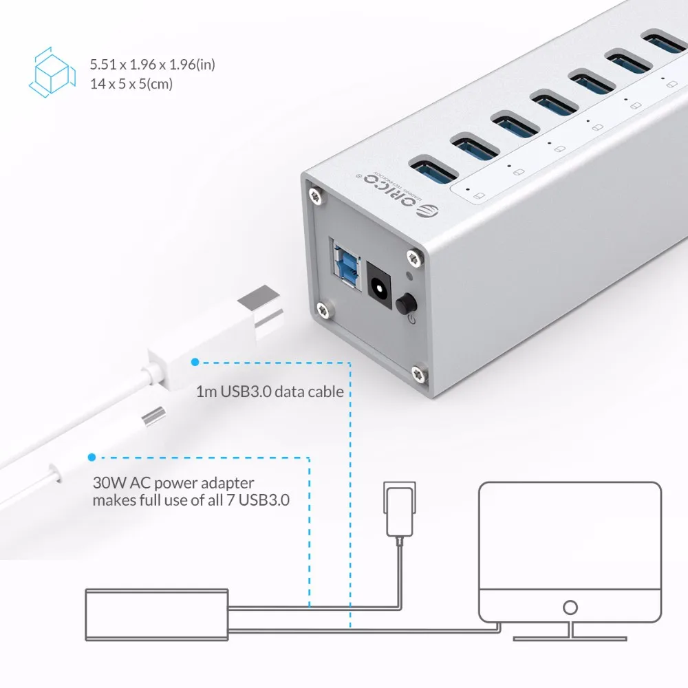 ORICO алюминиевый концентратор USB 3,0 с 7 портами с адаптером питания 12V2A и 3.3Ft. USB3.0 Дата кабель-серебристый(A3H7