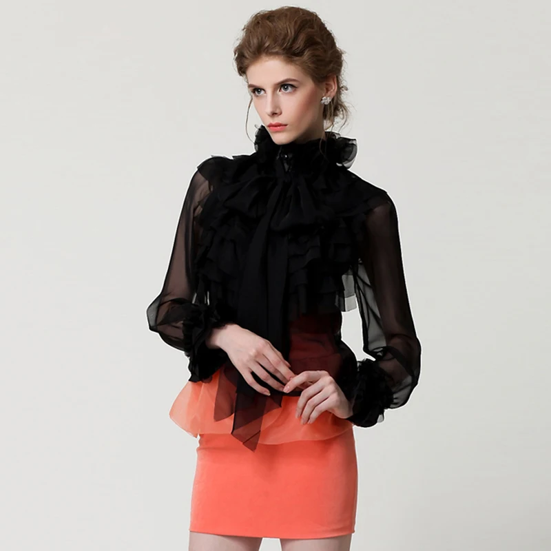 Высокое качество Новая мода дизайнерская рубашка женская с длинным рукавом Лук ниспадающей оборкой блузка Топ