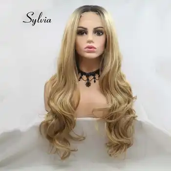 Sylvia Long Blonde Wavy Wig With Dark Roots Ombre Synthetic Lace