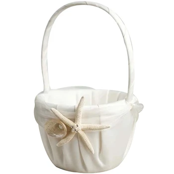

Wedding Beach Themed Ivory Flower Girl Basket With Sea Star And Seashell