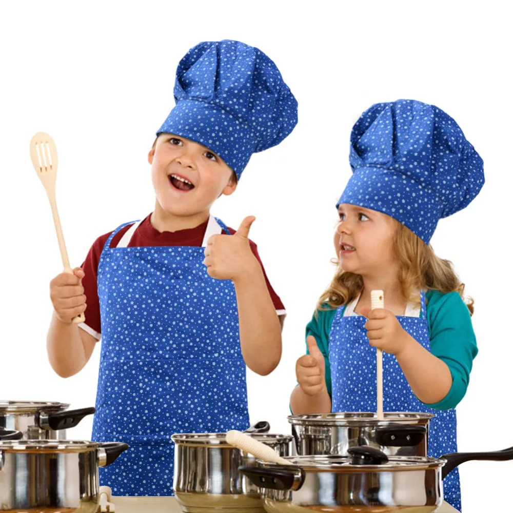 

Chef Hat Set Child Apron Kids Sleeve Hat Pocket Kindergarten Kitchen Baking Painting Cooking Drink food Kids Apron Adjustable