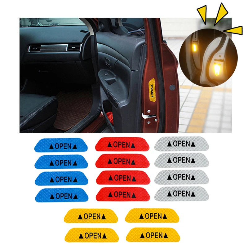 

4Pcs/Set Warning Mark Reflective Tape Car Door Sticker Decals OPEN Sign Safety Reflective Strips Universal Exterior Accessories