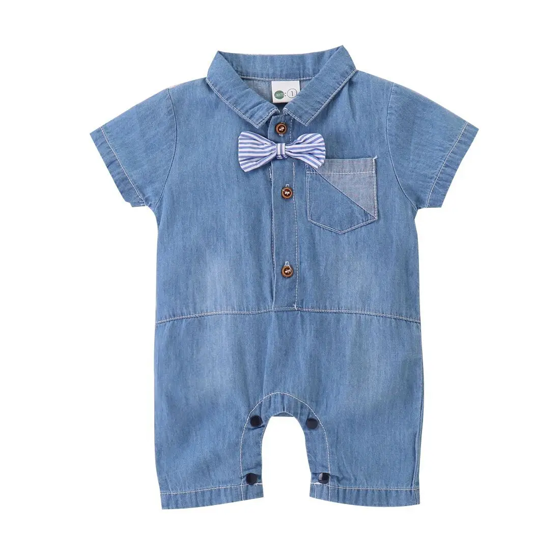 

2019 New Kids Boys Blue Denim Playsuits Overalls Children's Gentleman Bow Tie Short Sleeve Jumpsuits Outfits Child Boy Clothes