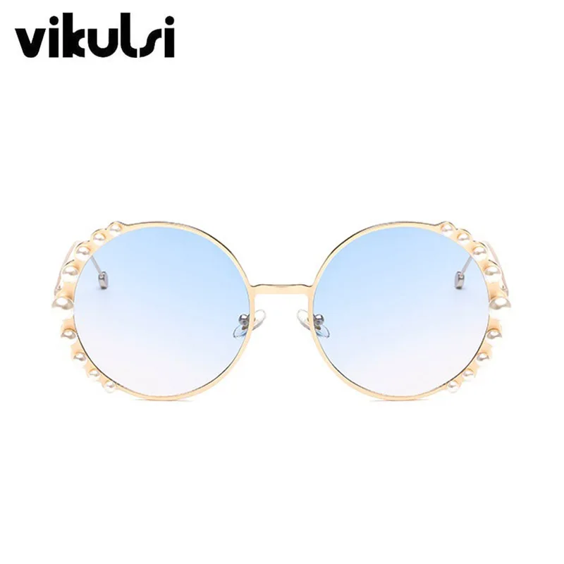 Luxury Beads Round Sunglasses Women Fashion Alloy Frame Brand Pearls Designer Sun Glasses For Female Brown Shades UV400 New - Цвет линз: D549 blue