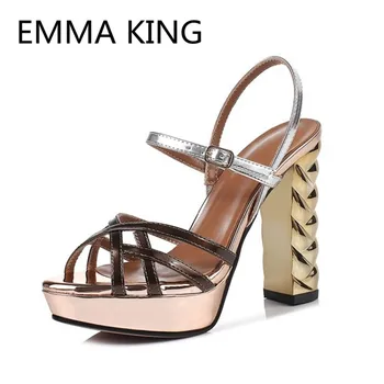 

2019 Runway Gold Chunky Heel Gladiator Sandals Women Open Toe Ankle Strap High Heels Ladies Summer Platform Shoes Woman Sandals