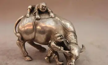 

China White Copper Silver Vaquero shepherd boy Buffalo Cow bull Cattle OX Statue