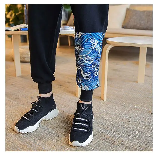 2018 новые брендовые летние штаны для фитнеса мужские эластичные спортивные штаны в китайском стиле верхняя одежда с принтом волн Мужские