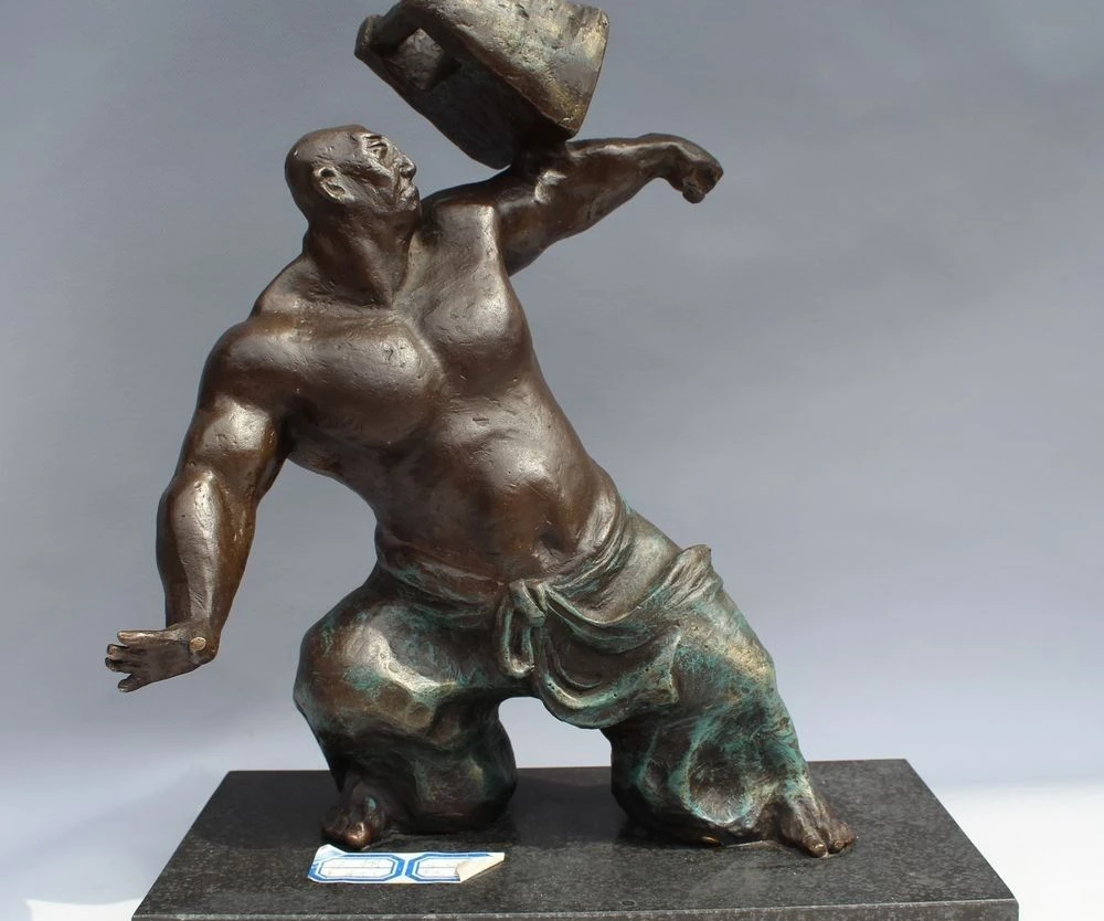 

13"Western Art Bronze Figurine Crafts Man weightlifting Marble Statue Sculpture