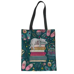THIKIN Tote Дамы повседневное милый кот печати холст сумки на плечо модные обувь для девочек переработанные мешки для покупок Школа Книга