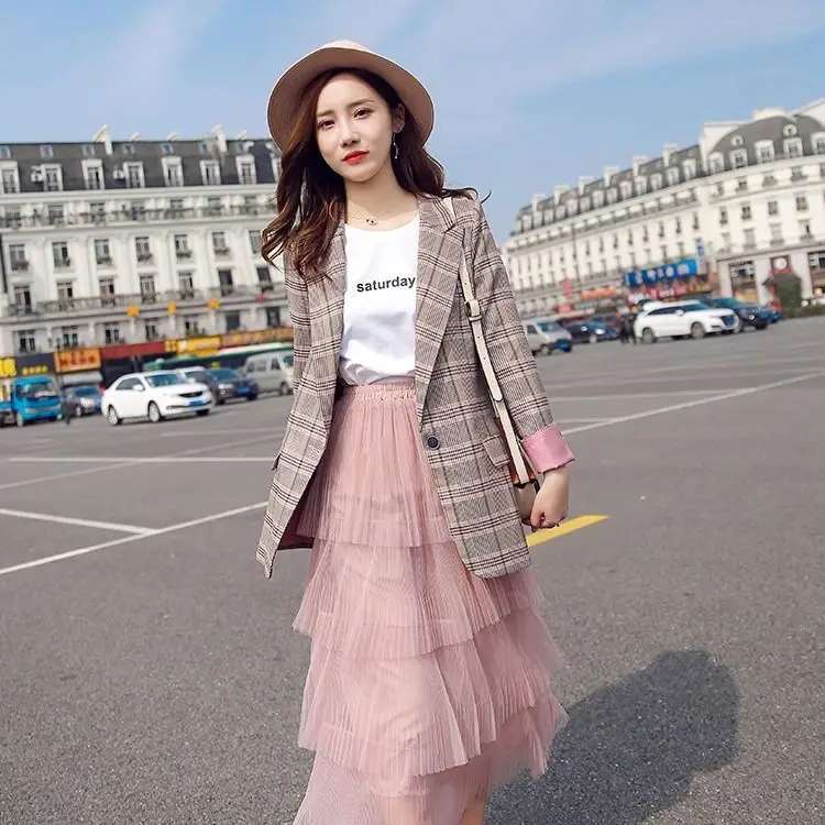 Ceny Vangull Women Plaid Blazer z długim rękawem Slim w kratkę płaszcz 2019 nowy marka formalny garnitur biznesowy Lady odzież wierzchnia kurtka jesienno jesienna