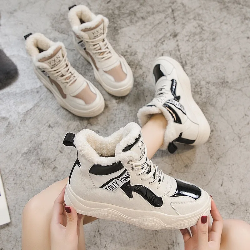 

High Top Stars Shoes Women Sneakers Winter Velvet Female Casual White Shoes Warm Shoes Low Heel 3cm Leisure Zapatillas Mujer