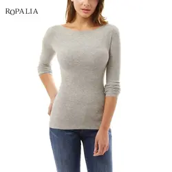 Сексуальные футболки с круглым вырезом трикотажные женские Топы стрейч тонкие рубашки Топы Осень Зима футболки рубашка