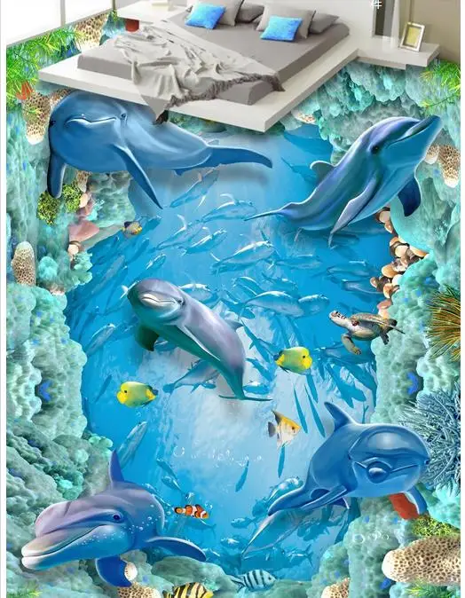 

3d flooring new style custom photo wallpapers dolphin self-adhesive wallpaper flooring kids wall paper