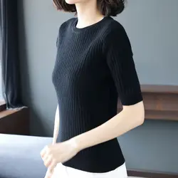 2019 Новое поступление женские короткий рукав свитер сплошной хлопок полушерстяные Тонкий Стиль пуловер Трикотаж Высокое качество