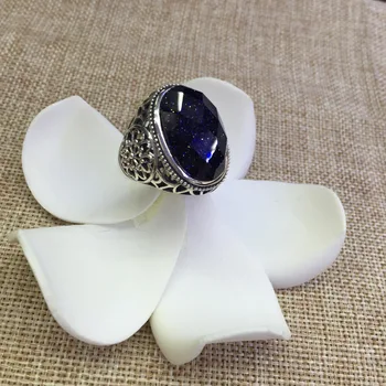

[S925] silver inlaid blue sandstone opening flowers exquisite hollow ring
