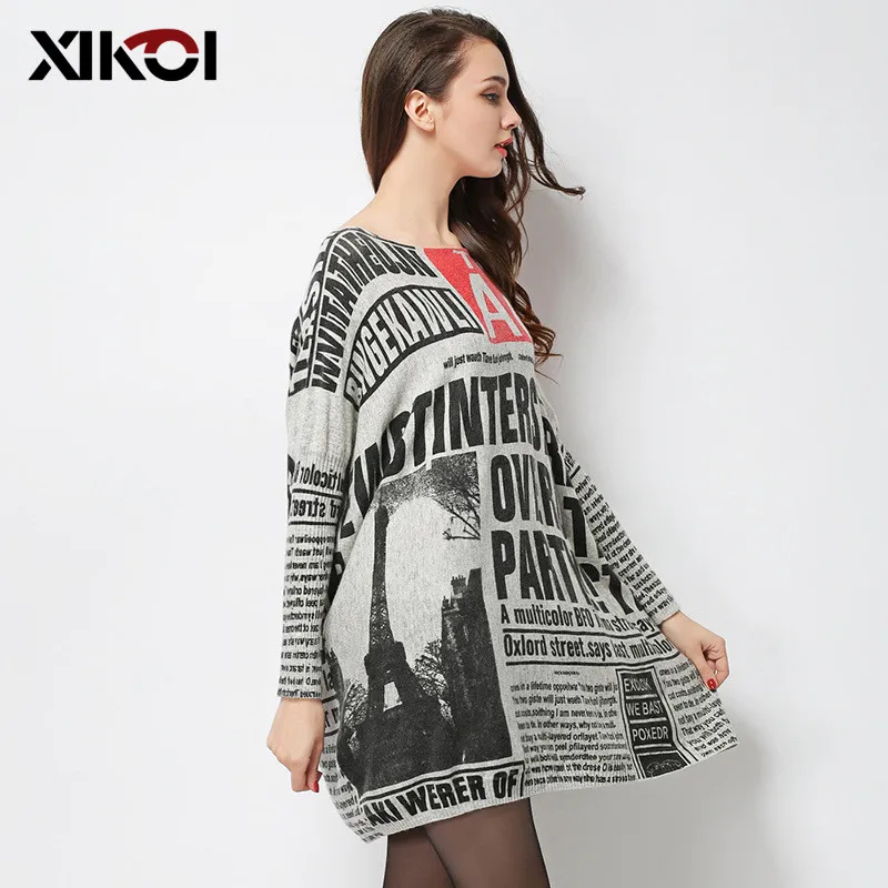 XIKOI негабаритный свитер женский модный принт женские свитера Slash шеи пуловеры компьютерный вязаный весенний свитер женский