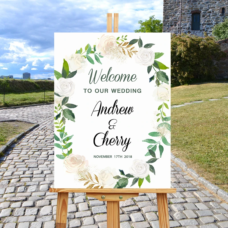 

Modern Floral Leaf Pattern Welcome Wedding Sign,Beautiful Wreath Rustic Weddiing Party Entrance Sign,Welcome To Our Wedding