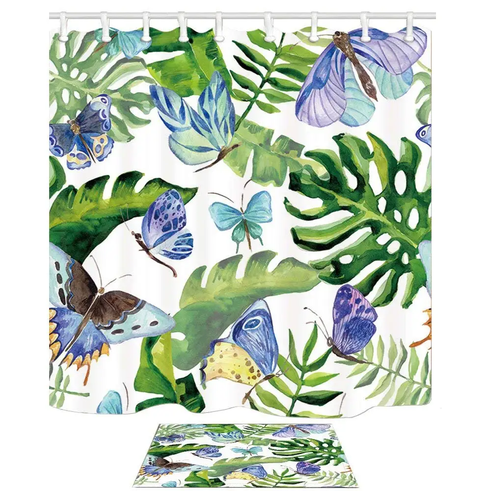 Kaufen Tropical Aquarell Palm Baum Decor Exotische Schmetterling Wilden Banana blätter Dusche Vorhang Set Flanell Nicht Slip Fußmatte Bad Teppiche
