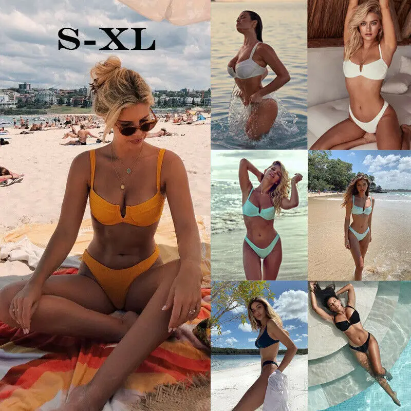 

2019 Sexy Women Swimwear Brazilian V-Shape Bikini Push Up Swimsuit Solid Beachwear Bathing Padded Bra Brief Sets