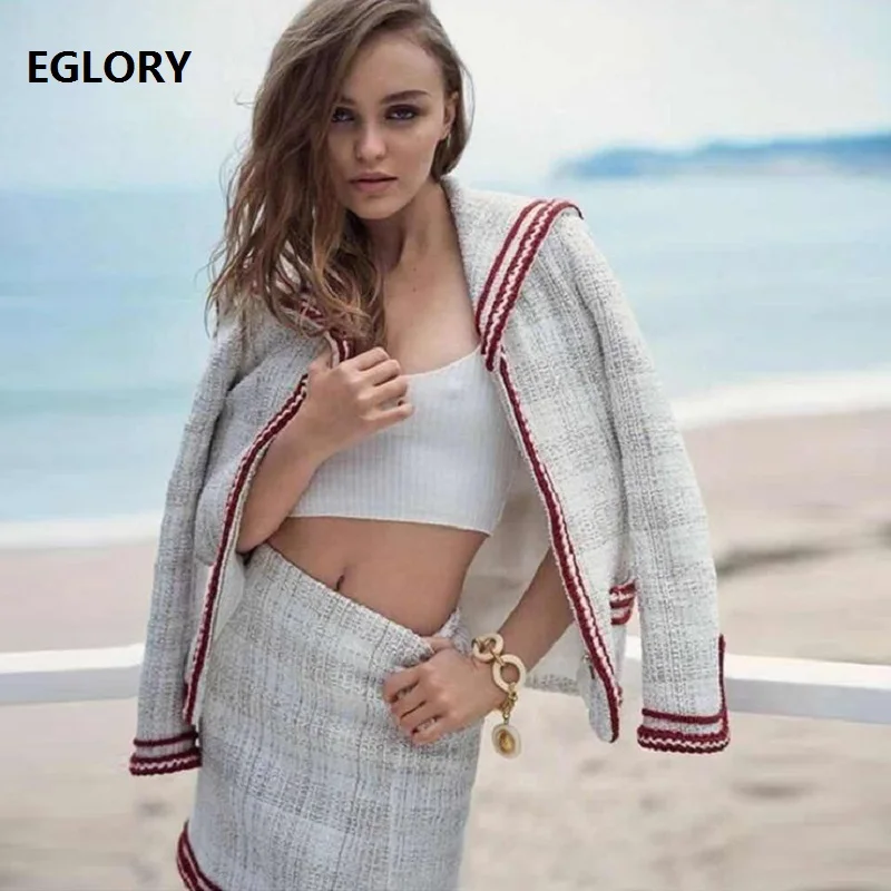 2018 Autumn Winter Fashion Jacket Suits Women Sailor Collar Wool Jacket Coat+Mini Warm Skirt Suit Ladies Work Office Suit Coats Women's Sets