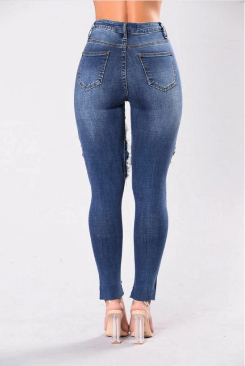 2018 Джинсы для женщин Для женщин классические Высокая Талия обтягивающие узкие синие джинсы Брюки для девочек рваные Весна-осень полная