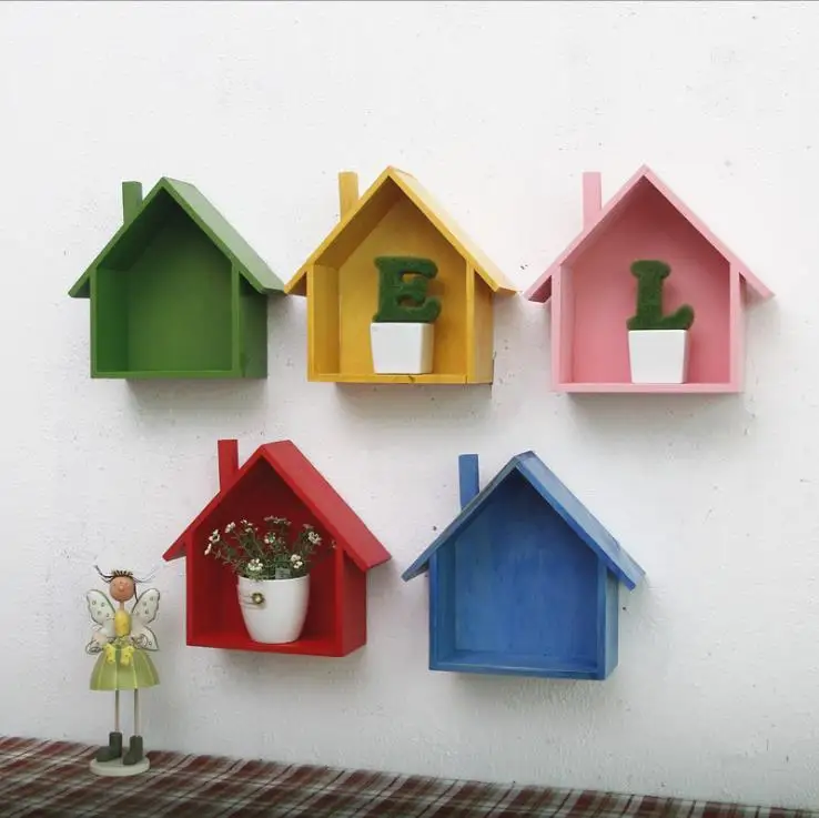 Креативный деревянный настенный Декор ретро деревенский цветной маленький дом настенная полка подвесная коробка для хранения Настенный декор для детской комнаты подарки