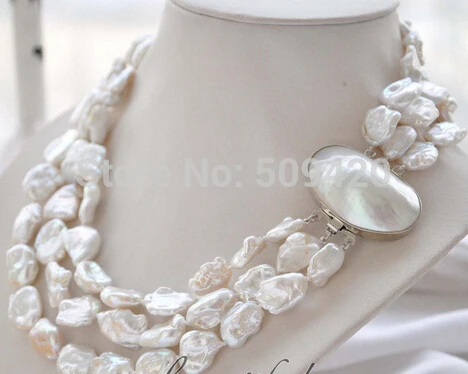 

~~ Free Shipping >>3strands 19mm BAROQUE white KESHI REBORN PEARL NECKLACE