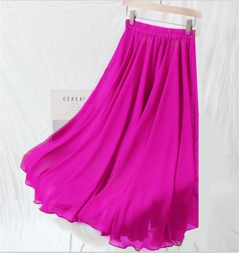 Летние женские шифоновые длинные юбки однотонные универсальные макси юбки осенние элегантные юбки плюс размер M-7XL Черный Синий Розовый Лавандовый - Цвет: Розово-красный